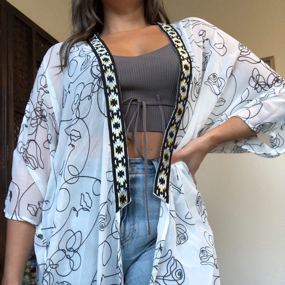 Longline Kimono Beach Cover-Up with Geometric Metallic Trim (Sukiso)